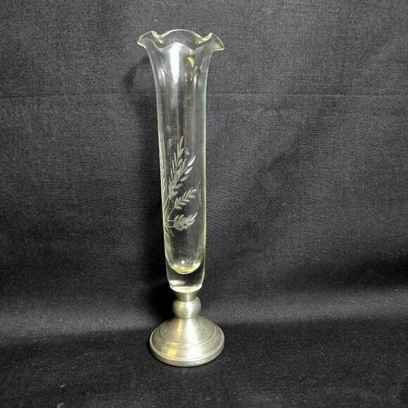 Vintage WEB Pewter & Etched Ruffled Glass Bud Vase Wheat Design 7.5" Marked - Picture 2 of 12